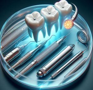 Dental tools and a tooth in a bowl, representing gentler extractions in oral care.